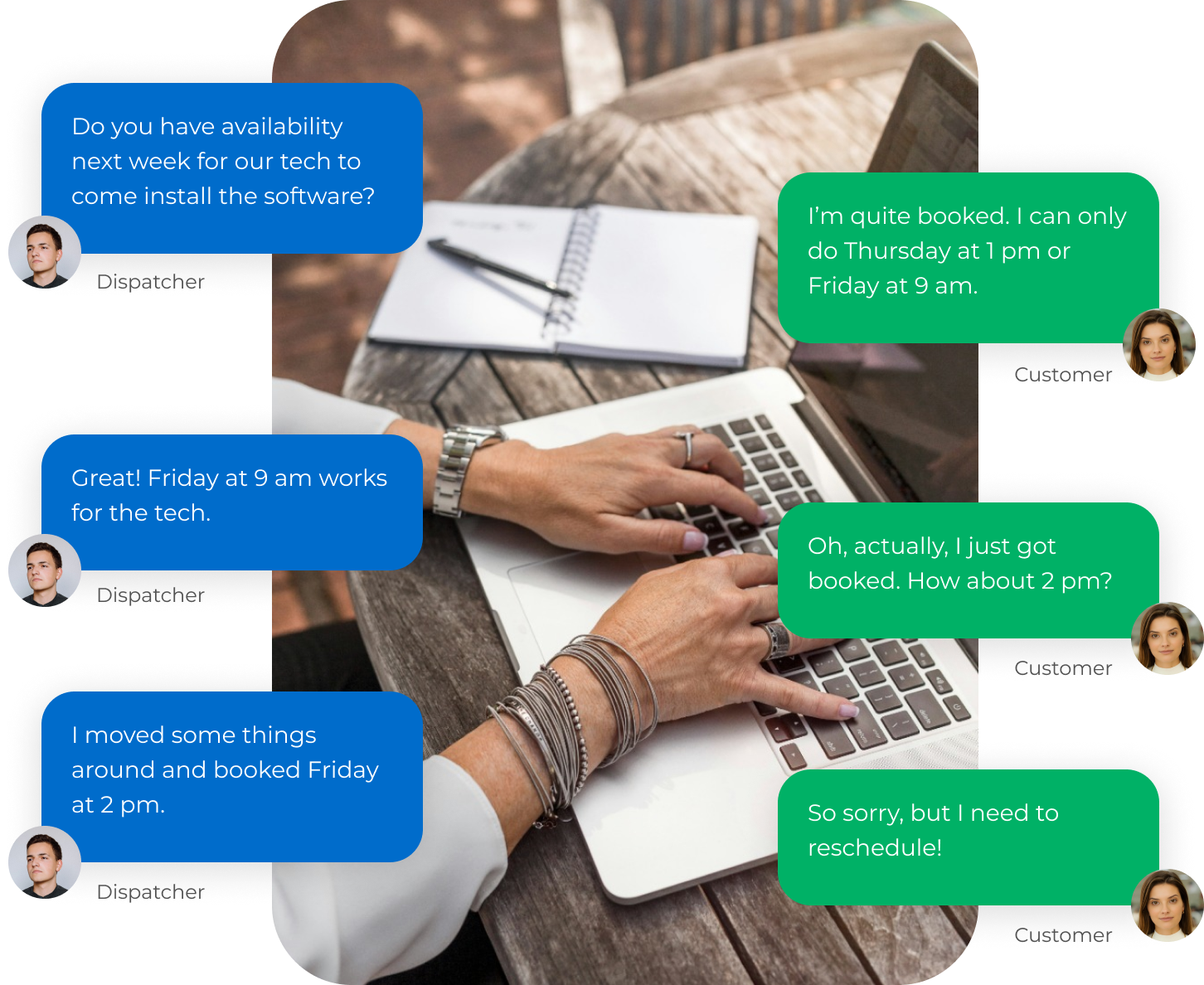 Email thread of a dispatcher and customer scheduling a meeting.